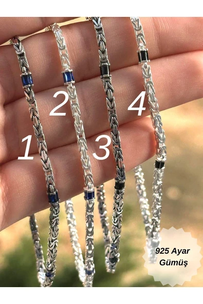 ANDA 925 Ayar Gümüş Kral Zincir Bileklik Baget Taşlı Aquamarin & Siyah 2.5 mm 21 cm YENİ MODEL ürün görseli 1