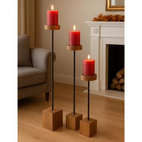 Dekoratif 3 Lü Uzun Şamdan & Mumluk Metal Black wood ürün görseli 1