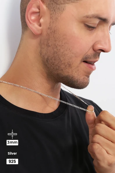 Mios Silver 3mm Figaro 925 Ayar Gümüş Kolye - Resim 4