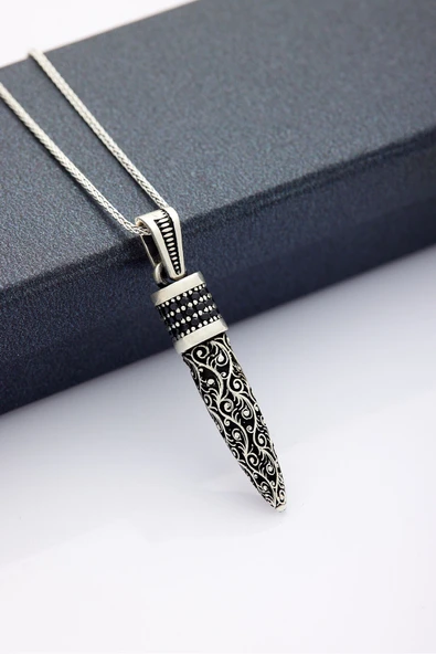 ANDA 925 Ayar Gümüş Oksitli Zirkon Taşlı Motifli Kurşun Kolye 60 cm Zincirli ürün görseli 1