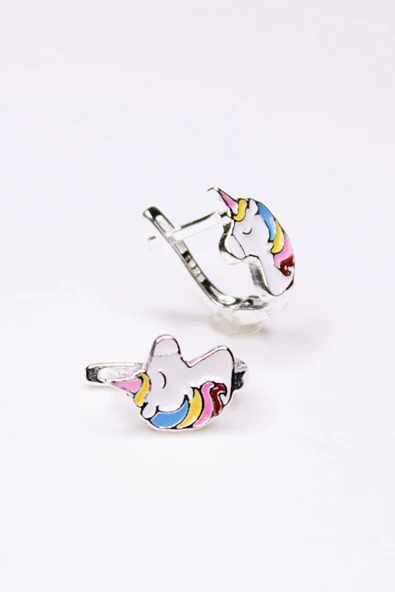 ANDA 925 Ayar Gümüş Mineli Renkli Unicorn Çocuk Küpe ürün görseli 1
