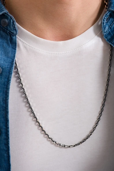 ANDA 925 Ayar Gümüş Unisex Oksitli Forse Zincir- Forse Kolye Zincir ürün görseli 1