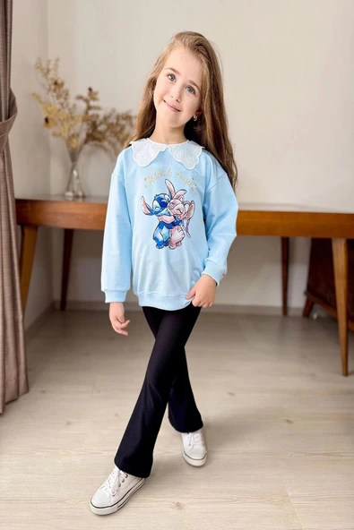 Yaka Detaylı Stitch Desenli Mavi Renk Kız Çocuk Takım ürün görseli 1