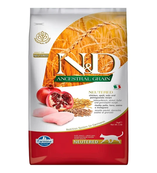 N&D Ancestral Grain Düşük Tahıllı Tavuk ve Narlı 10 Kg Kısırlaştırılmış Yetişkin Kedi Maması ürün görseli 1