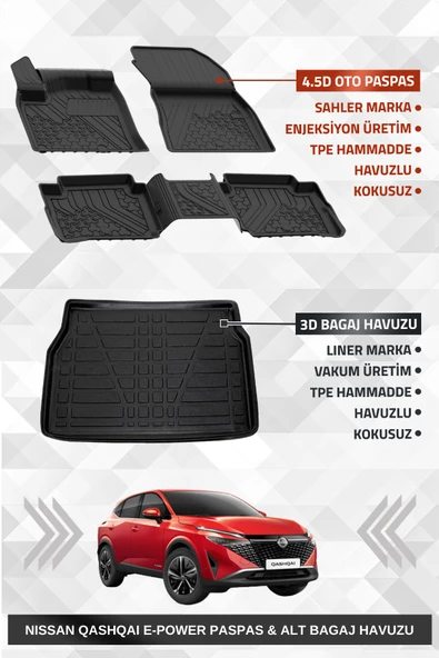 Sahler Qashqai E-Power 2022 + Uyumlu 4.5D Premium Havuzlu Oto Paspas ve Liner Marka 3D ALT Bagaj Havuzu ürün görseli 1