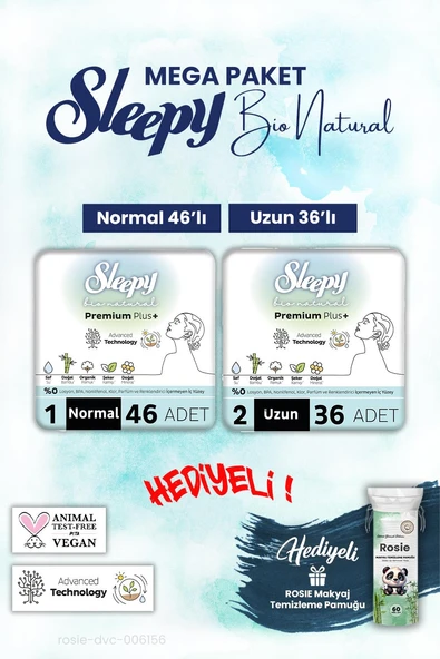 Sleepy Bio Natural Normal 46, Uzun 36 Adet Mega Paket ve Rosie Pamuk ürün görseli 1
