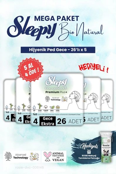 Sleepy Hijyenik ped 26'lı Gece Mega Paket Bio 5 AL 4 ÖDE ve ROSIE makyaj pamuğu ürün görseli 1