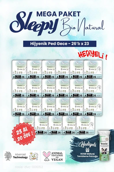 Sleepy Bio Hijyenik ped 23 AL 20 ÖDE 26'lı Gece Mega Paket ve ROSIE makyaj pamuğu ürün görseli 1