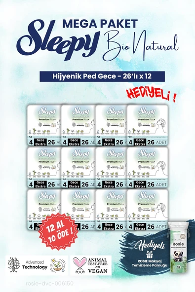 Sleepy 12 AL 10 ÖDE, 26'lı Gece Bio Hijyenik ped Mega Paket ve ROSIE makyaj pamuğu ürün görseli 1