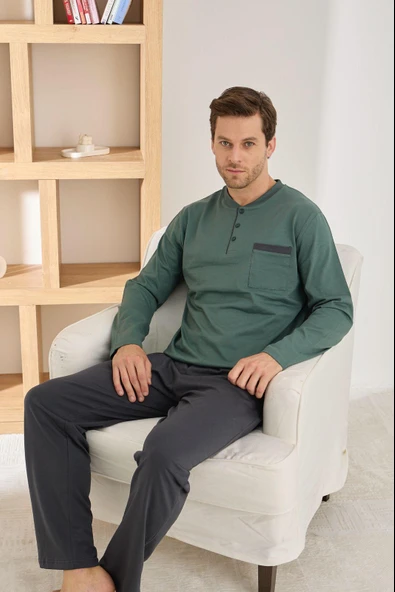 Pijamoni Erkek %100 Pamuk Penye Mevsimlik Uzun Kollu Pijama Takımı 6842 ürün görseli 1