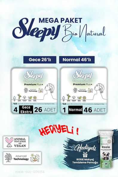 Sleepy Bio Natural Gece 26, Normal 46 Adet Mega Paket ve Rosie Pamuk ürün görseli 1