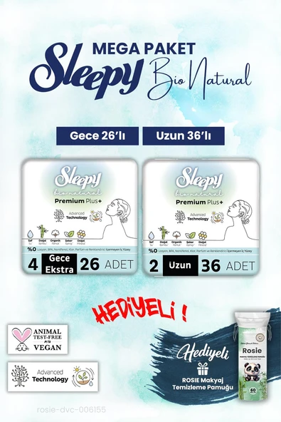 Sleepy Bio Natural Uzun 36, Gece 26 Adet Mega Paket ve Rosie Pamuk ürün görseli 1