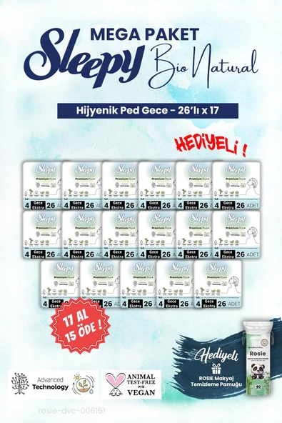 Sleepy Bio Hijyenik ped 26'lı Gece 17 AL 15 ÖDE Mega Paket ve ROSIE makyaj pamuğu ürün görseli 1