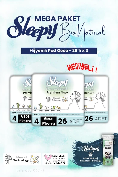 Sleepy 3'lü Bio Natural Gece 26'lı Hijyenik Ped Mega Paket ve ROSIE makyaj pamuk ürün görseli 1