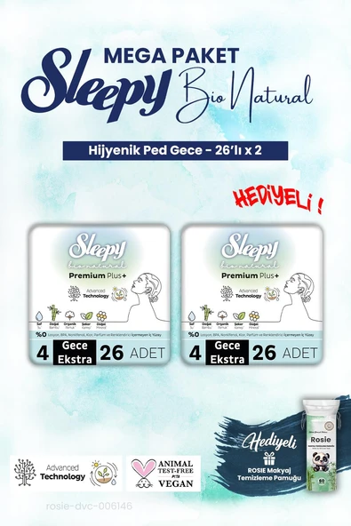 Sleepy 2 adet Mega Paket Gece 26'lı Bio Natural Hijyenik Ped ve ROSIE makyaj pamuk ürün görseli 1