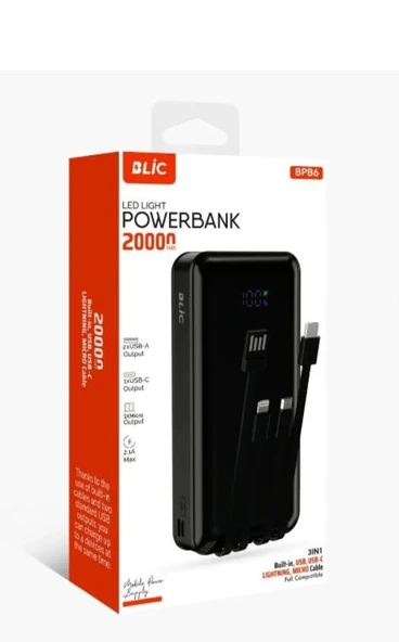Bpb06 20.000 Mah 3 in 1 Plus Dijital Göstergeli Dahili Çoklu Kablolu Taşınabilir Şarj Cihazı ürün görseli 1