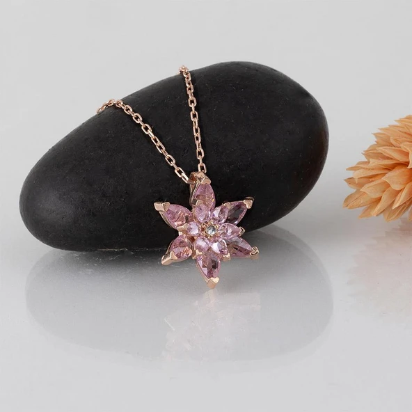 Gümüş Pazarım Pembe Renkli Lotus Çiçeği Gümüş Kolye ürün görseli 1