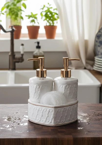 Mundo Porselen Sıvı Sabunluk Seti-2x300 ML Kalpli ürün görseli 1