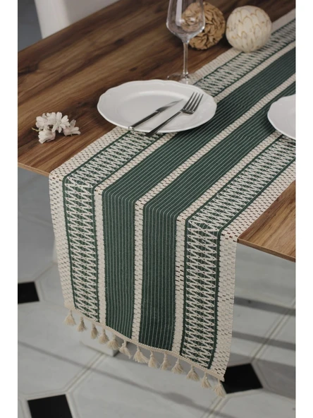 Örme Masa Örtüsü Püsküllü Runner Masa Örtüsü Organik Pamuk Runner 35X155 cm Masa Üstü Runner ürün görseli 1