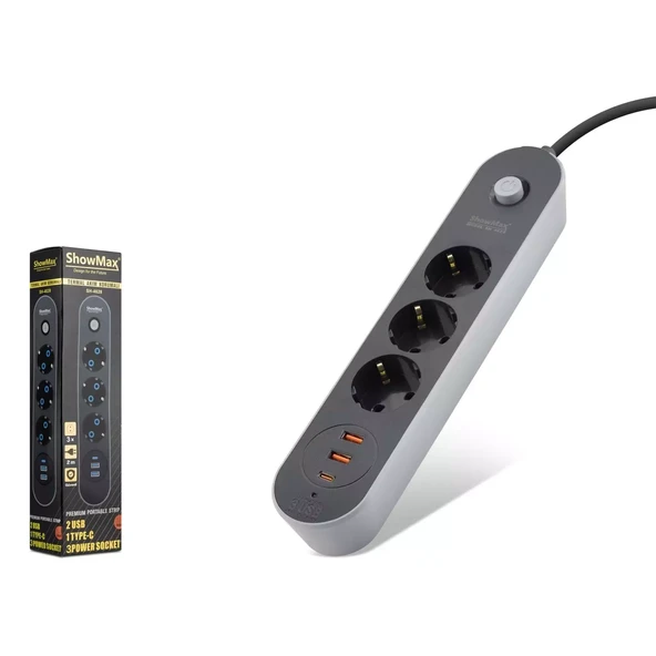 Showmax Sh4628 Termal Akım Korumalı Uzatma Kablosu 3 Priz + 2 Usb + Type-C + Anahtar 2M Siyah ürün görseli 1