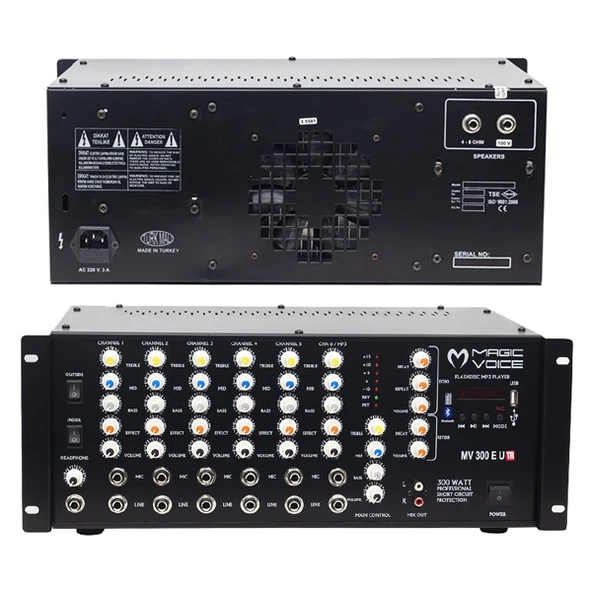 Magicvoice MV-300EF-TR 300 Watt 6 Mikrofon Girişli USB-Bluetooth Destekli Trafolu Mixer Anfi ürün görseli 1