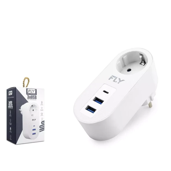 Fly 3400-01 Termal Akım Korumalı 1 Priz 2 Usb + Type-C 2.1A Beyaz ürün görseli 1