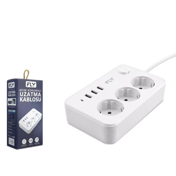 Fly 3406-01 Termal Akım Korumalı Uzatma Kablosu 3 Priz 3 Usb + Anahtar 2.1A 2M Beyaz ürün görseli 1
