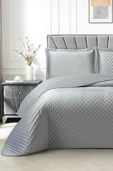 Parma Çift Kişilik Lüks Kadife 240x260 cm Yatak Örtüsü Gri ürün görseli 1