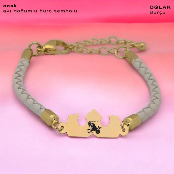 Burca Özel Taç Motifli Doğal Beyaz Derili 14 Ayar Altın Plakalı Hediye Bileklik-465 ürün görseli 1