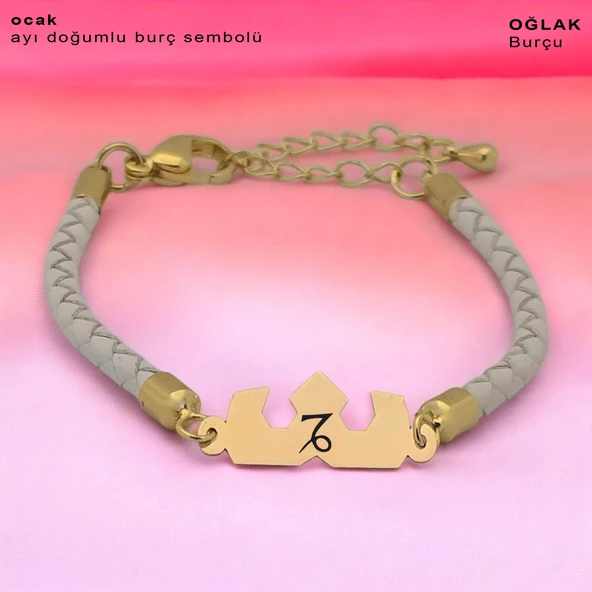 Doğum Ayına Özel 14 Ayar Altın Plakalı Taç Motifli Doğal Beyaz Derili Hediye Bileklik-465 ürün görseli 1