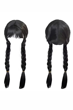 Wednesday Addams Karakter Peruk – 61 cm Uzunluk, Isıya Dayanıklı Sentetik Örgülü Saç, Doğal Siyah, Halloween & Parti Kostüm Peruğu ürün görseli 1
