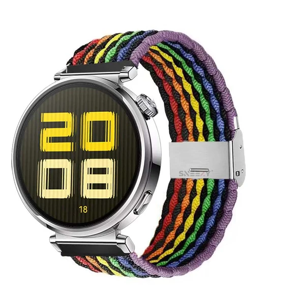 Sneezy Huawei Watch GT5 41mm İle Uyumlu Metal Klips Solo Fiberlink Kumaş Örgü Kordon  Siyah Gökkuşağı ürün görseli 1