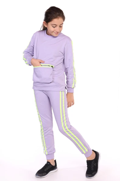Toontoy Kız Çocuk 2'li Takım Bisiklet Yaka Torba Cepli Sweatshirt & Beli Paçası Lastikli Jogger Eşofman Altı - Bant Detaylı & 2 İplik ürün görseli 1