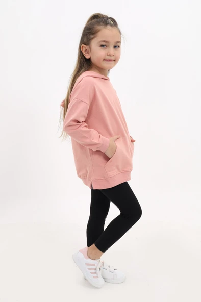 Toontoy Kız Çocuk 2'li Takım Baskılı Kapüşonlu Düşük Omuz Cepli Yırtmaçlı Sweatshirt & Basic Düz Tayt ürün görseli 1