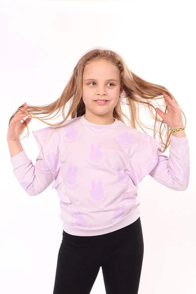 Toontoy Kız Çocuk Regular Fit Bisiklet Yaka Fırfırlı Baskılı Sweatshirt - 2 İplik ürün görseli 1