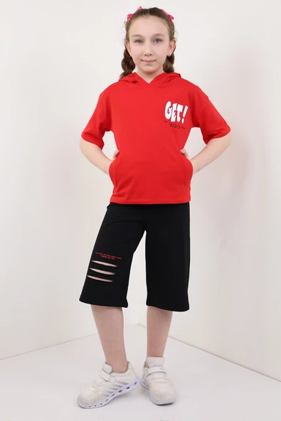Toontoy Kız Çocuk 2'li Takım Baskılı Kapüşonlu Cepli T-Shirt & Beli Lastikli Kapri Şort - Lazer Kesim Detaylı ürün görseli 1