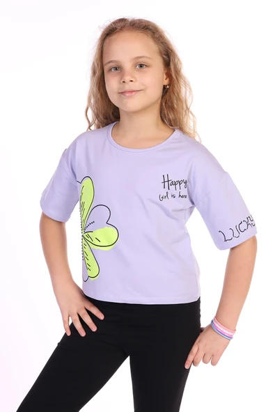 Toontoy Kız Çocuk Yazılı Çiçek Baskılı Tişört ürün görseli 1