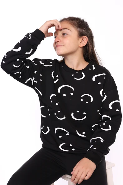 Toontoy Kız Çocuk Komple Gülen İfade Baskılı Sweatshirt ürün görseli 1
