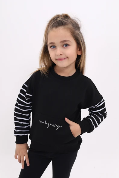 Toontoy Kız Çocuk Relax Fit Bisiklet Yaka Cepli Baskılı Sweatshirt - Kolu Çizgili &  2 İplik ürün görseli 1