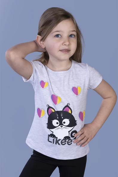 Toontoy Kız Çocuk Baskılı Bisiklet Yaka Kısa Kollu Tişört ürün görseli 1