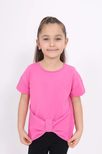 Toontoy Kız Çocuk Bisiklet Yaka Kısa Kollu Drapeli Taşlı Tişört ürün görseli 1
