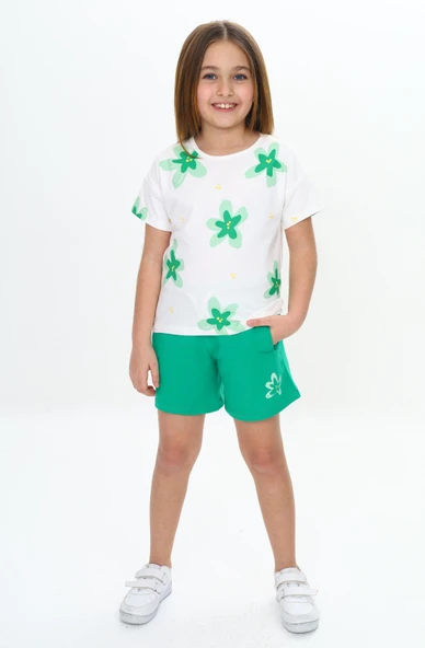 Toontoy Kız Çocuk 2'li Takım Baskılı Bisiklet Yaka T-Shirt & Beli Lastikli Cepli Şort ürün görseli 1