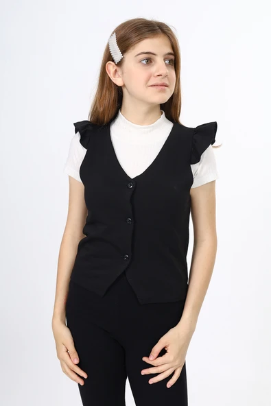Toontoy Kız Çocuk Fırfır Detaylı Düğmeli V Yaka Blazer Okul Yeleği - Astarsız ürün görseli 1