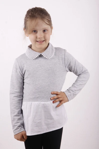Toontoy Kız Çocuk Gömlek Detaylı Yakası Aksesuarlı Sweatshirt ürün görseli 1