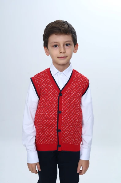 Toontoy Erkek Çocuk V Yaka Düğmeli Triko Yelek - Diagonal Desenli ürün görseli 1
