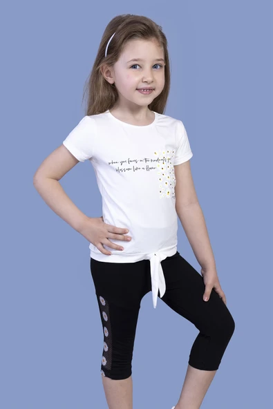 Toontoy Kız Çocuk 2'li Takım Baskılı Bisiklet Yaka T-Shirt & Basic Düz Crop Tayt - Bağcıklı ürün görseli 1
