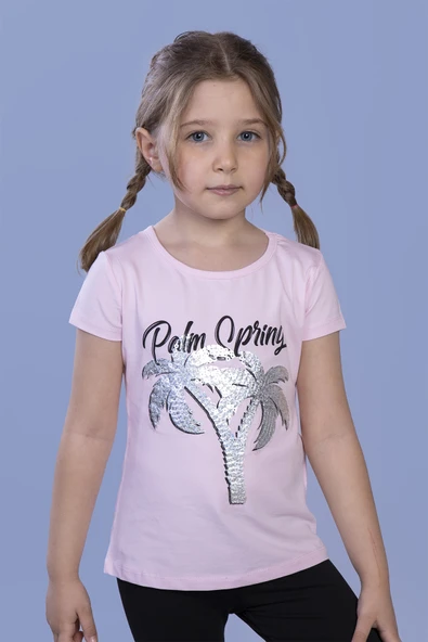 Toontoy Kız Çocuk Pullu Palmiye Nakışlı Tişört ürün görseli 1