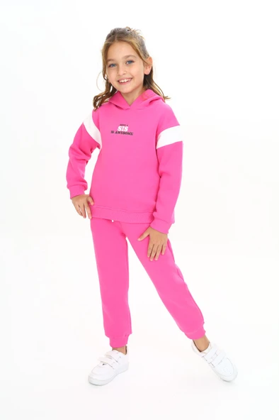 Toontoy Kız Çocuk 2'li Takım Baskılı Kolej Yaka Fermuarlı Cepli Sweatshirt & Beli Paçası Ribanalı Jogger Eşofman Altı - 3 İplik Şardonlu ürün görseli 1