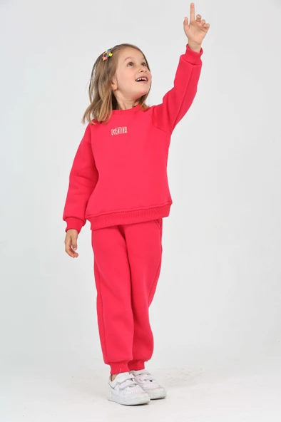 Toontoy Kız Çocuk 2'li Takım Bisiklet Yaka Sweatshirt & Beli Paçası Lastikli Cepli Jogger Eşofman Altı - 3 İplik Şardonlu ürün görseli 1
