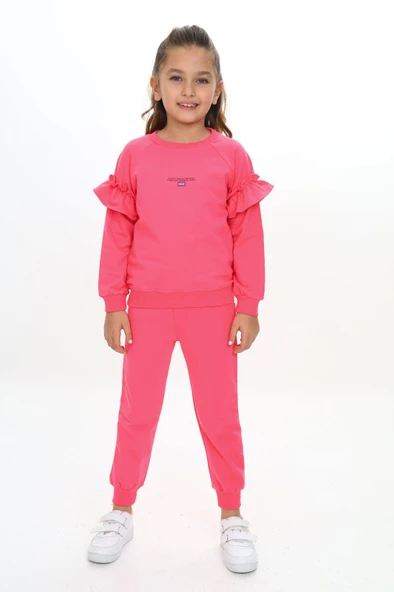 Toontoy Kız Çocuk 2'li Takım Baskılı Bisiklet Yaka Reglan Kol Fırfırlı Sweatshirt & Beli Paçası Lastikli Cepli Jogger Eşofman Altı - 2 İplik ürün görseli 1